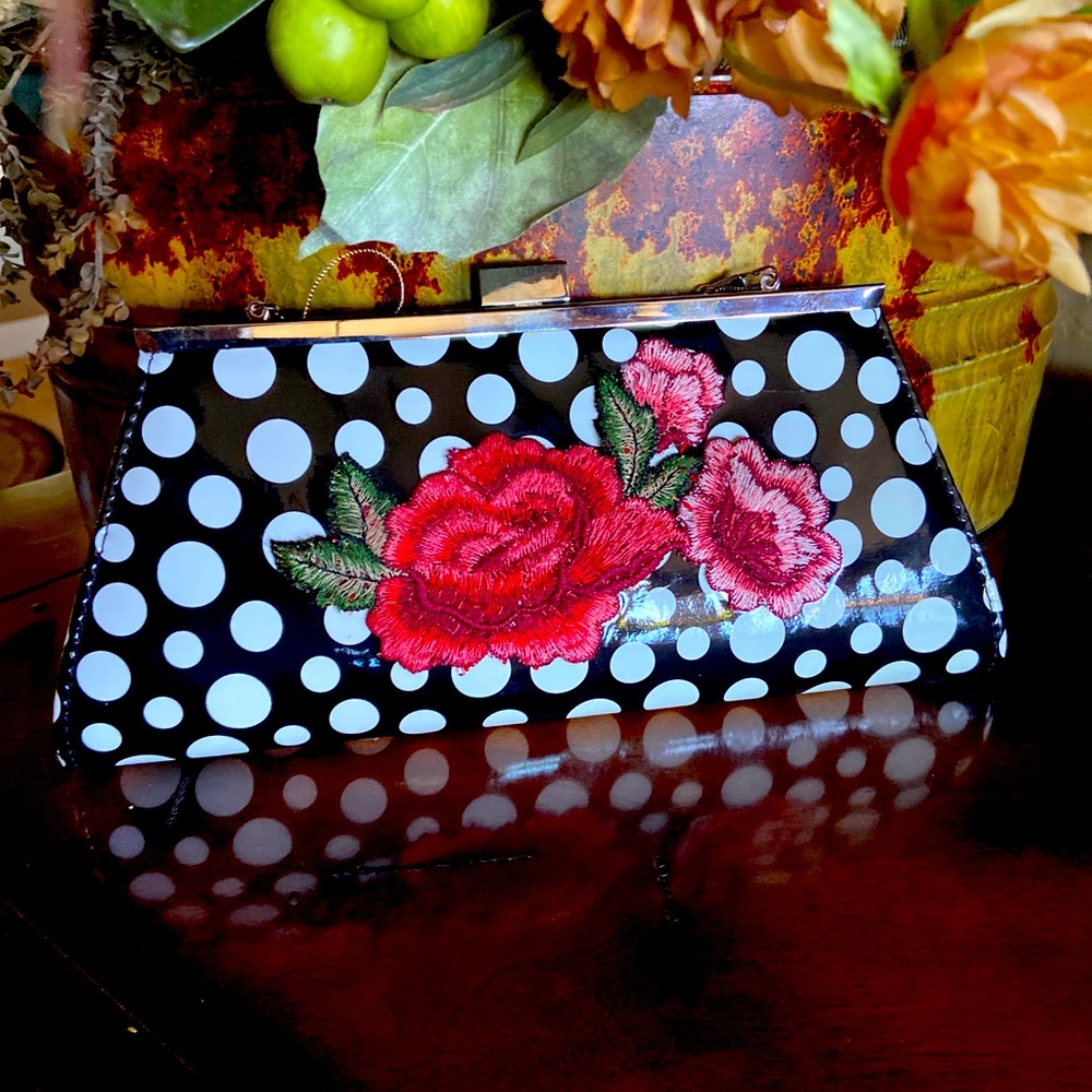 Patent leather black and white polka cocktail bag